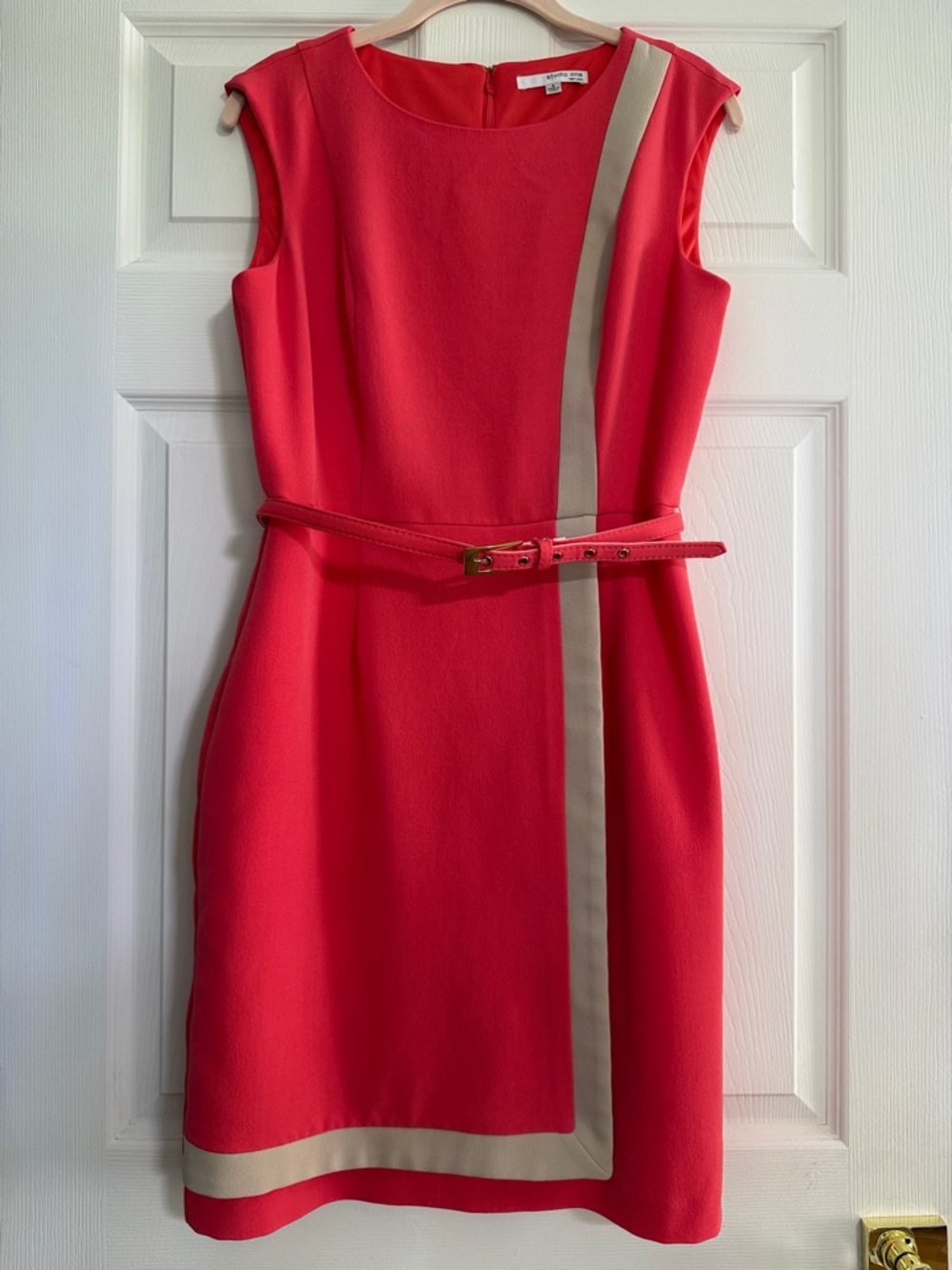 Studio One New York Coral Sleeveless Shift Dress with Cream Stripe